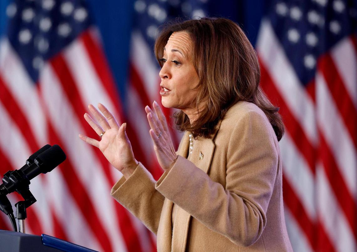 Vice President Kamala Harris speaks to supporters during a rally at PNC Music Pavilion on Saturday, November 2, 2024.