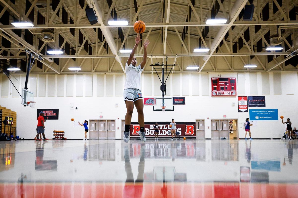 Butler’s Lauryn Foster shoots baskets during practice at Butler High School in Charlotte, N.C., Tuesday, Oct. 25, 2022.