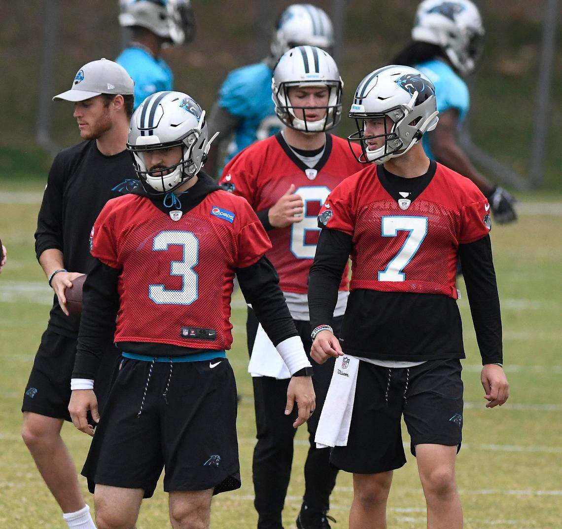 Carolina Panthers quarterbacks Will Grier (3), Taylor Heinicke (6), and Kyle Allen (7) are all competing to back up Cam Newton. With Newton not playing Thursday night at Chicago, each will likely see action.