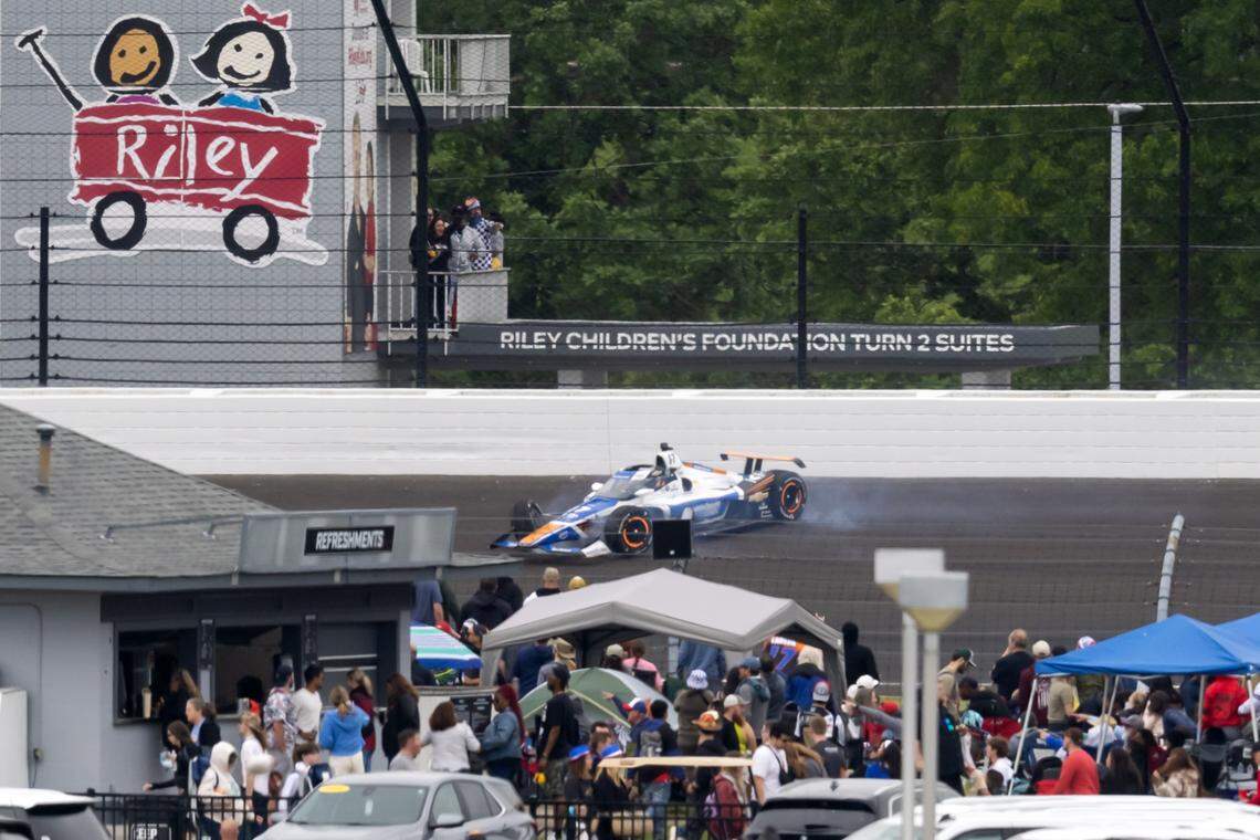 IndyCar Series driver Kyle Larson crashes during the 109th Running of the Indianapolis 500 on Sunday at Indianapolis Motor Speedway. Mark J. Rebilas-Imagn Images