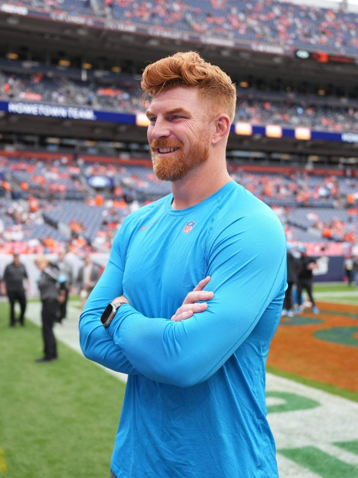 Carolina Panthers quarterback Andy Dalton (14) before Sunday’s game against the Denver Broncos at Empower Field at Mile High. Dalton didn’t play due to a sprained thumb on his throwing hand; he had started the five previous Carolina games.