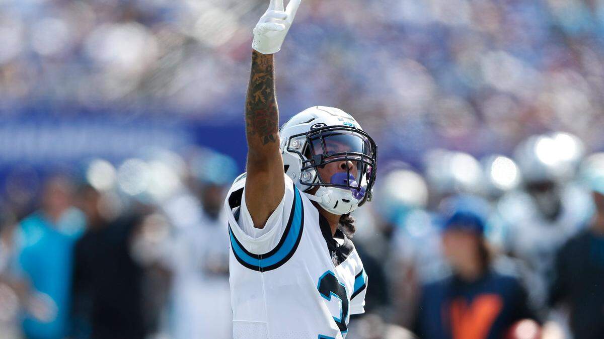 Carolina Panthers’ Robbie Anderson reacts during the first half an NFL football game against the New York Giants, Sunday, Sept. 18, 2022, in East Rutherford, N.J. (AP Photo/Noah K. Murray)
