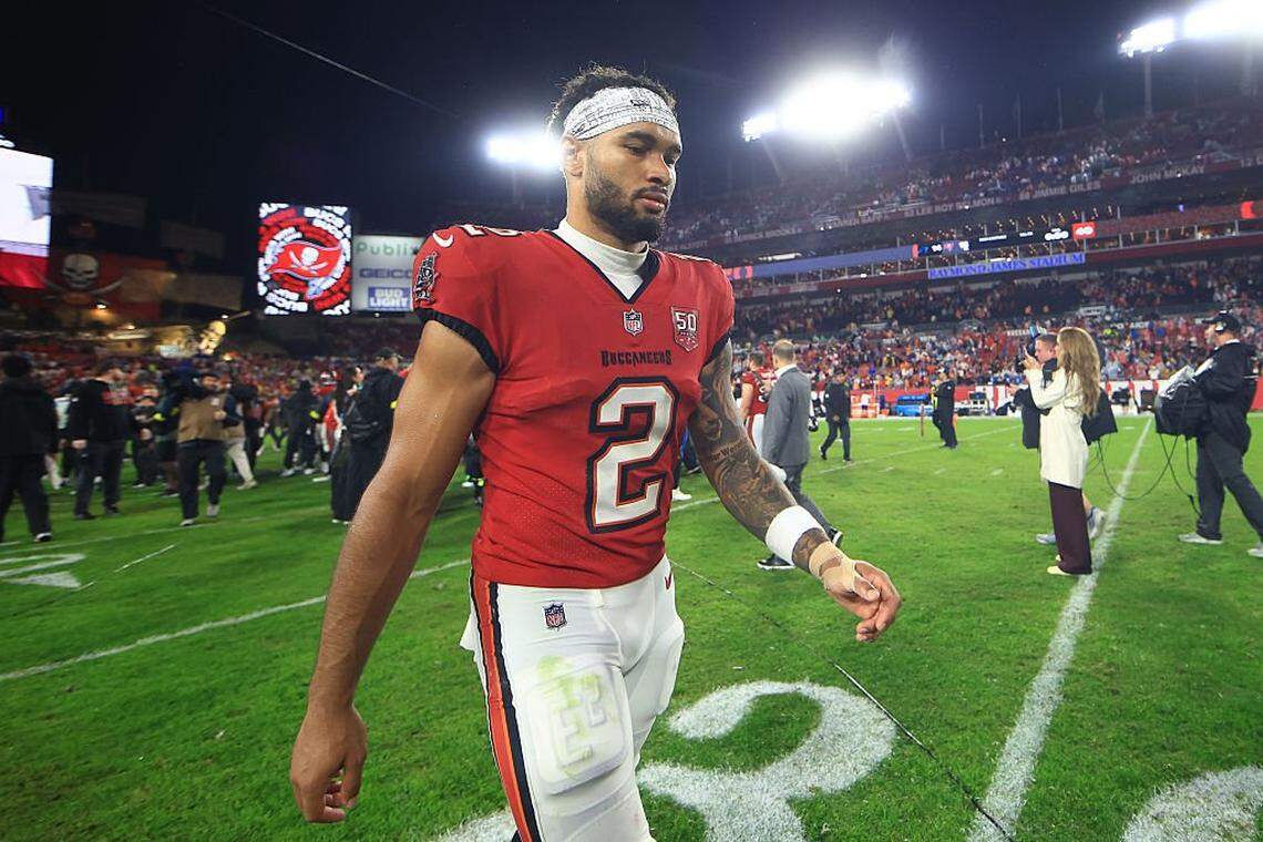 Emeka Egbuka of the Tampa Bay Buccaneers walks off the field after defeating the Carolina Panthers during a game at Raymond James Stadium on Jan. 3, in Tampa, Florida.
