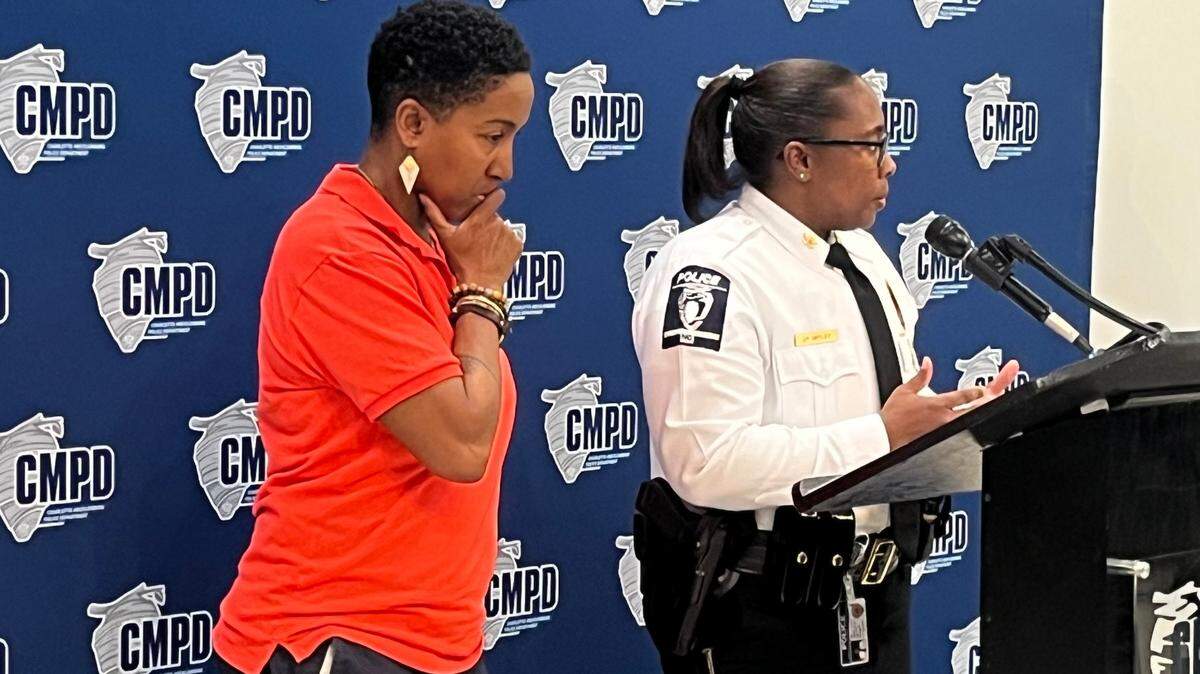 Tonya Jameson, the chair of a community advisory group, listens as Charlotte-Mecklenburg Police Deputy Chief Jacquelyn Bryley speaks at a press conference on April 9, 2024. The community advisory group announced its recommendations to the department after a controversial arrest.