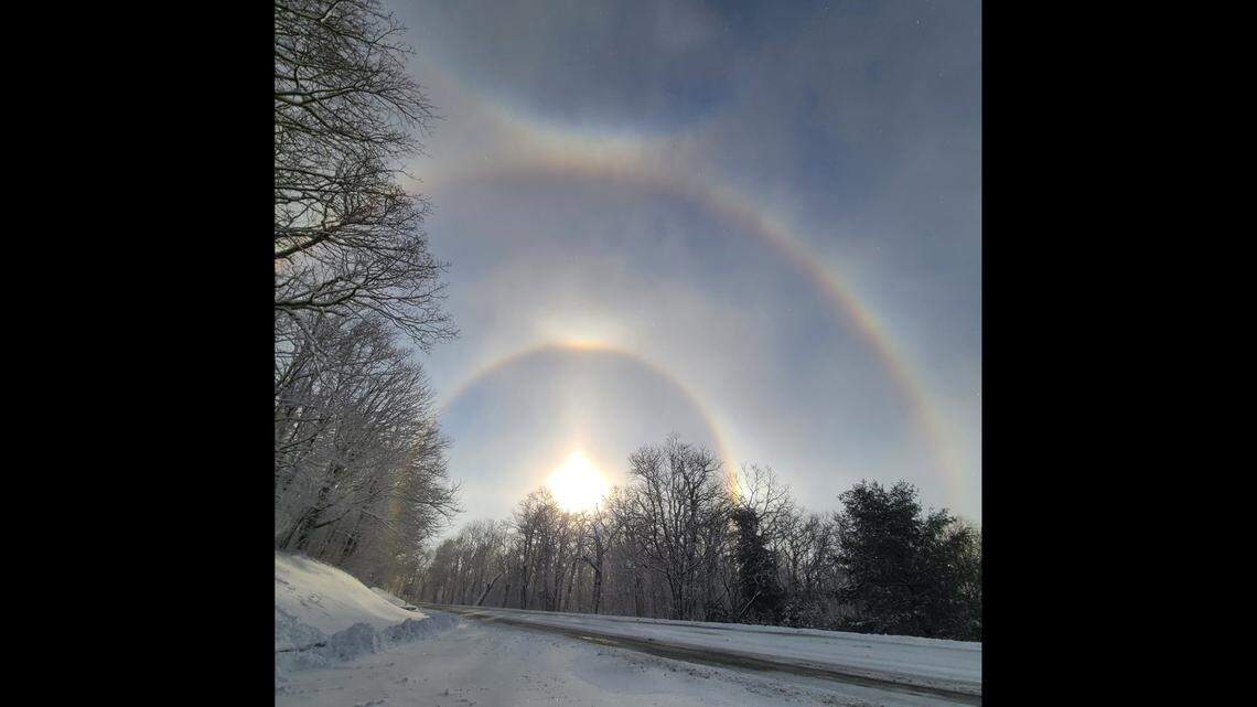 Halos are light rings around the sun or moon, created by the refraction of light “off ice crystals present in a thin veil of cirrus clouds,” according to the National Weather Service.