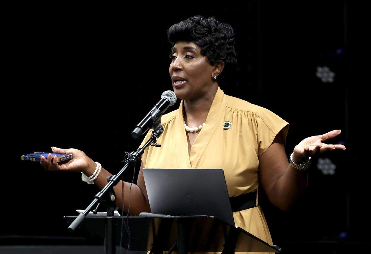 Charlotte City Council member Tiawana Brown responds to a question during a town hall meeting at Good Shepherd Church in Charlotte, NC on Wednesday, May 28, 2025. Brown was indicted on federal charges last week.