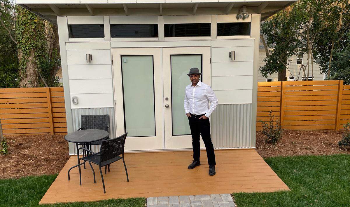 Anthony Franklin of Raleigh worked on the electrical, dry wall, flooring, paint and stain himself for the Studio Shed he had installed.