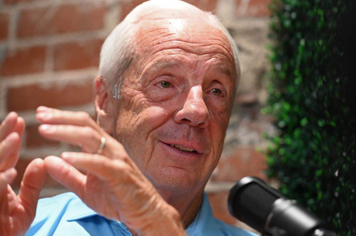 Tears well up in the eyes of former UNC Tar Heels head basketball coach Roy Williams as he discusses his relationship with legendary head coach Dean Smith on September 6, 2022.