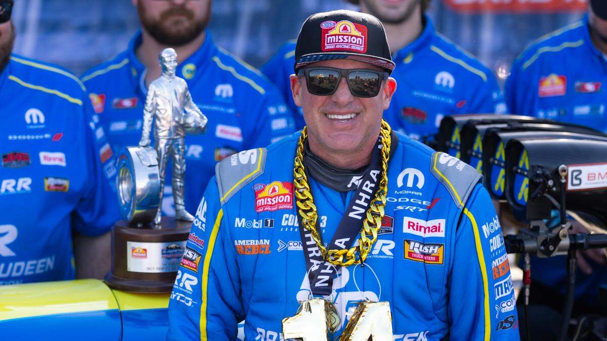 NHRA top fuel driver Tony Stewart celebrates after winning the Four Wide Nationals at The Strip at Las Vegas Motor Speedway. The win is the first of Stewart’s professional drag racing career. Mark J. Rebilas-Imagn Images