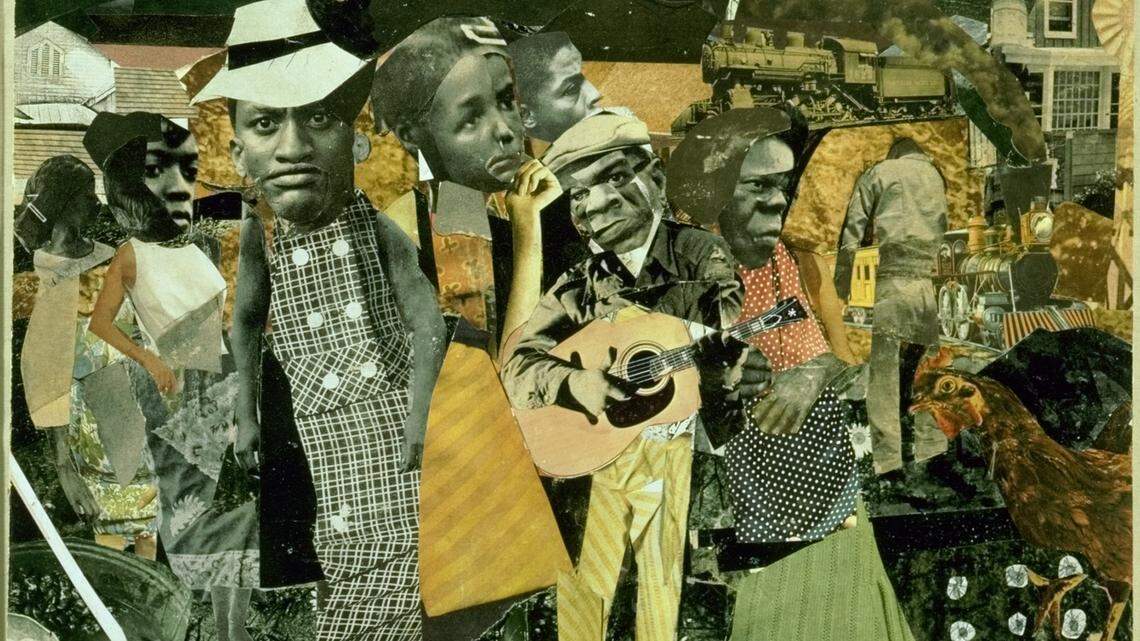 Romare Bearden, “Watching the Good Trains Go By,” 1964. Collage of various papers on cardboard, 34.9 x 42.9 cm (13 3/4 x 16 7/8) The artist often framed his compositions to resemble what he recalled as the view from his great-grandparents’ front porch at 401 S. Graham St. in Charlotte.