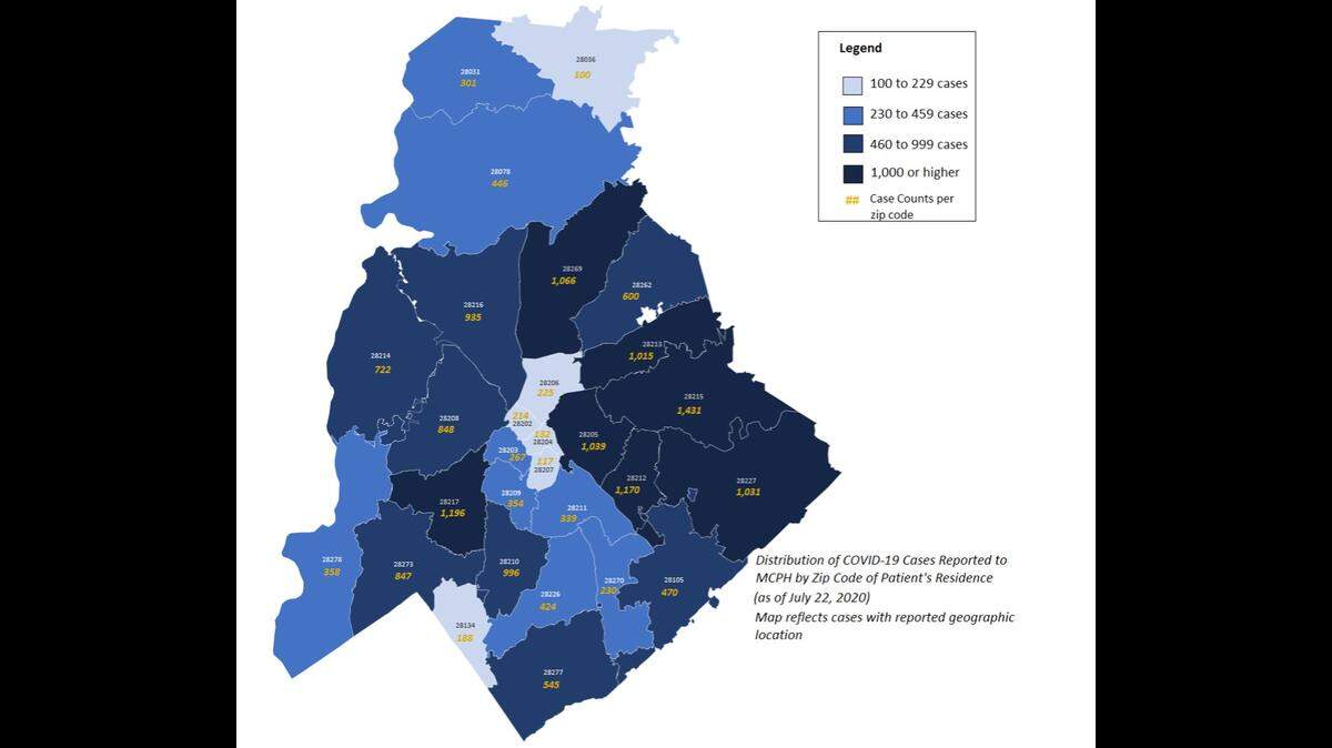 Distribution of COVID-19 cases reported to Mecklenburg County Public Health by zip code of patient’s residence, as of July 22.
