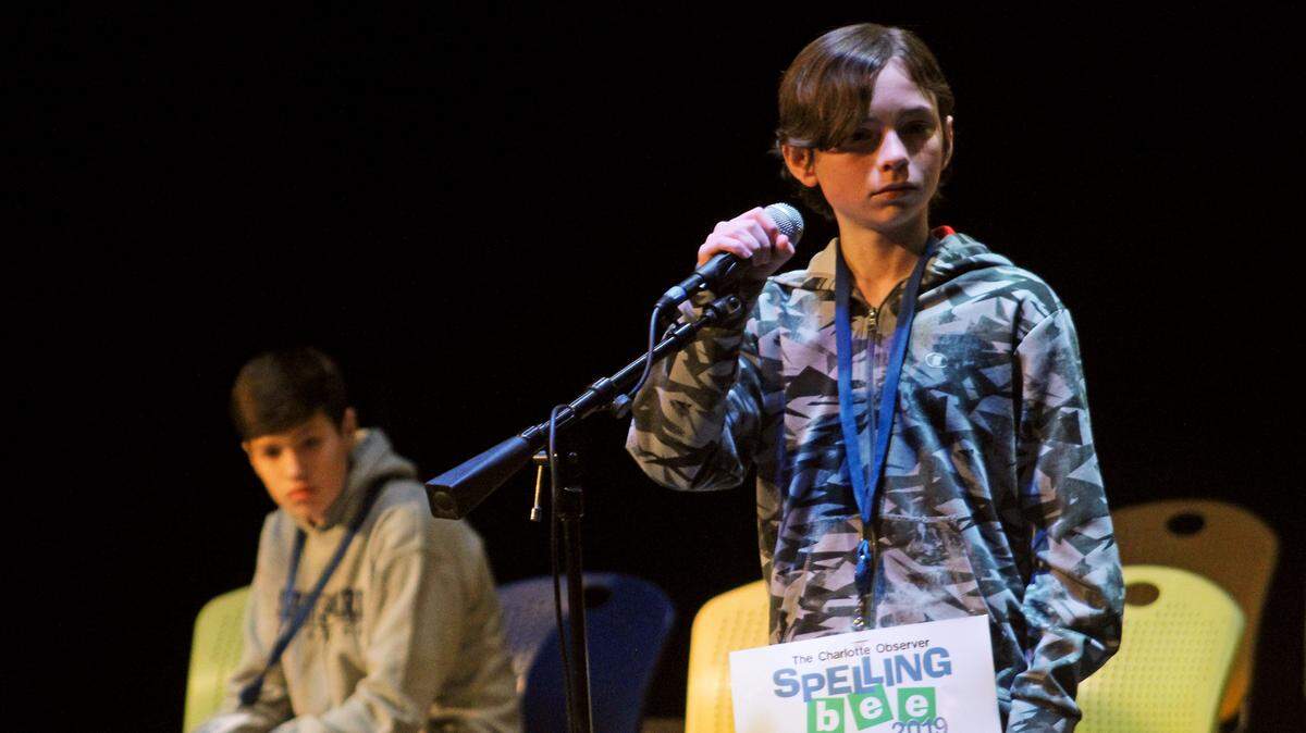Matthew Cosentine, an eighth-grader at J.M. Alexander Middle School in Huntersville, competes in the 2019 Charlotte Observer Spelling Bee, which he won with the word “dryad.”