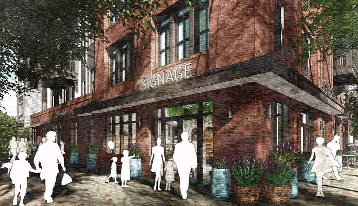Shown is a concept rendering of a mixed-use building in the proposed Old Statesville Road Mixed-Use project in Huntersville.