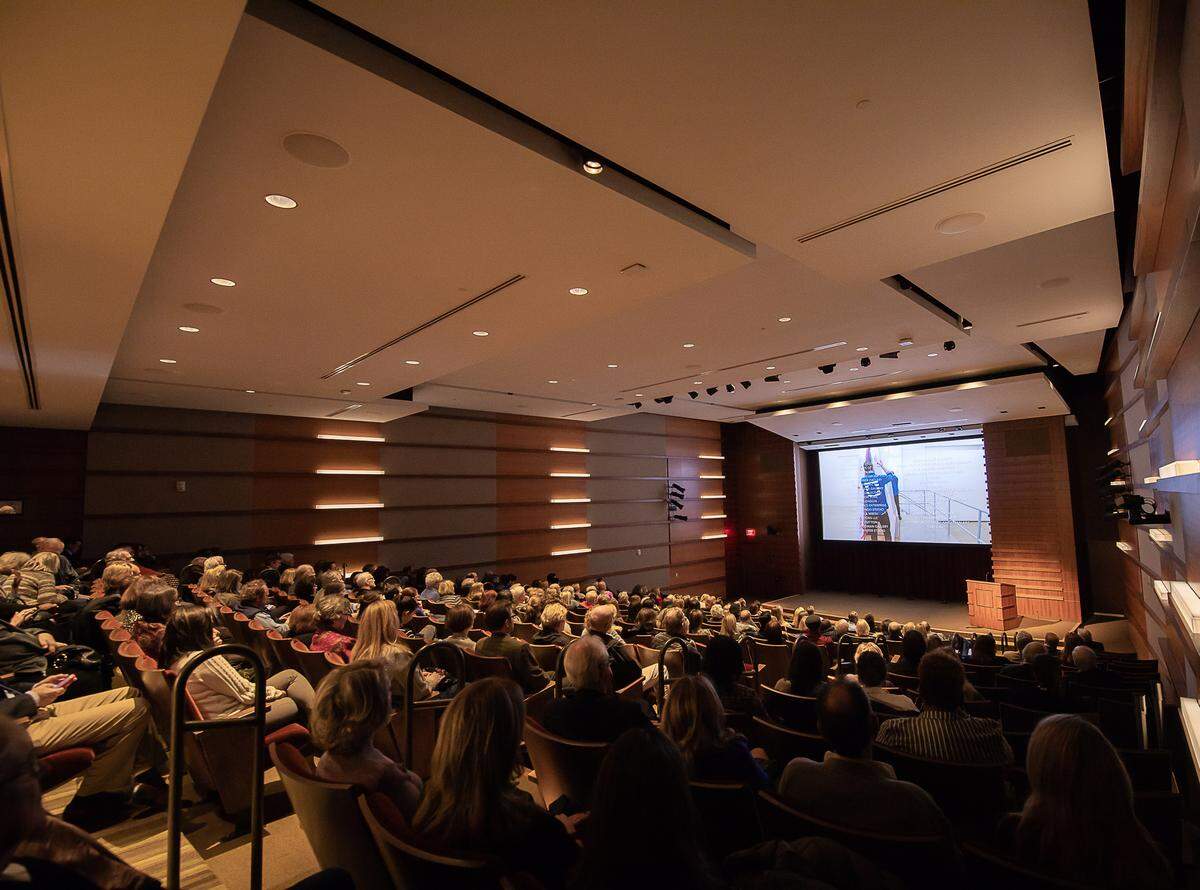 Most, though not all, of the films included in the Bechtler Museum of Modern Art’s popular Modernism + Film series are documentaries about architecture and art. Film series director Daniel Ferrulli develops a slate of films each year then surveys past attendees like those in this audience and lets their votes determine the 10 films that will comprise the next season.