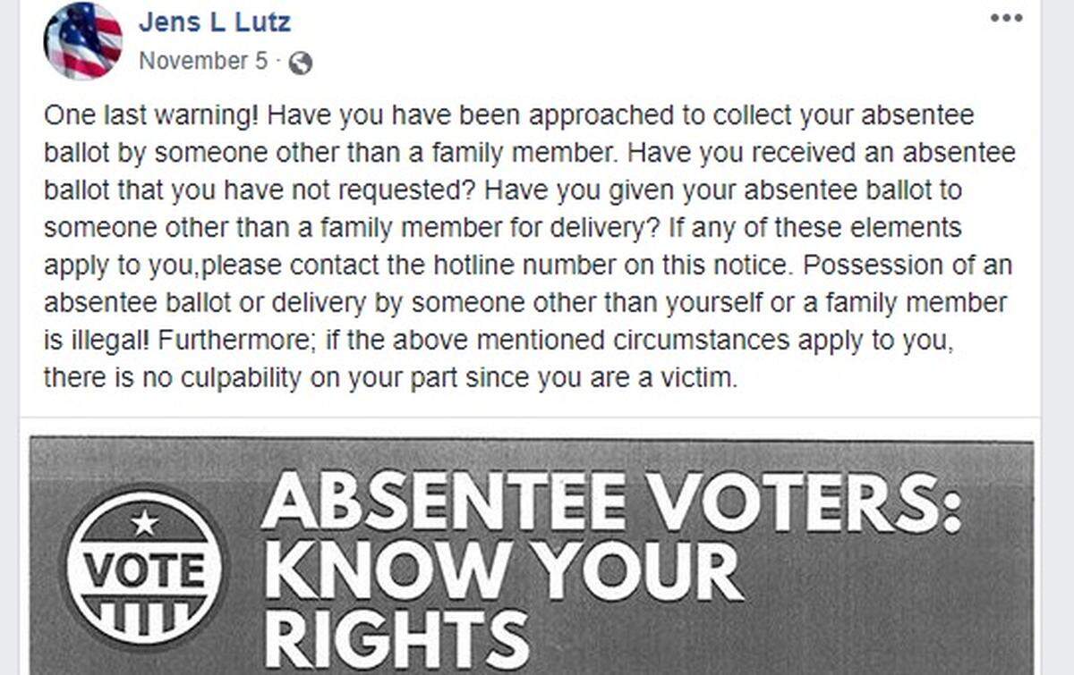 Jens Lutz - at the time a county elections offical - posted a warning about possible impropriety with absentee ballots in Bladen County a day before the midterm election was held. Now, state investigators have subpoenaed multiple political campaigns and questioned whether paid campaign workers illegally collected hundreds of absentee mail-in ballots.
