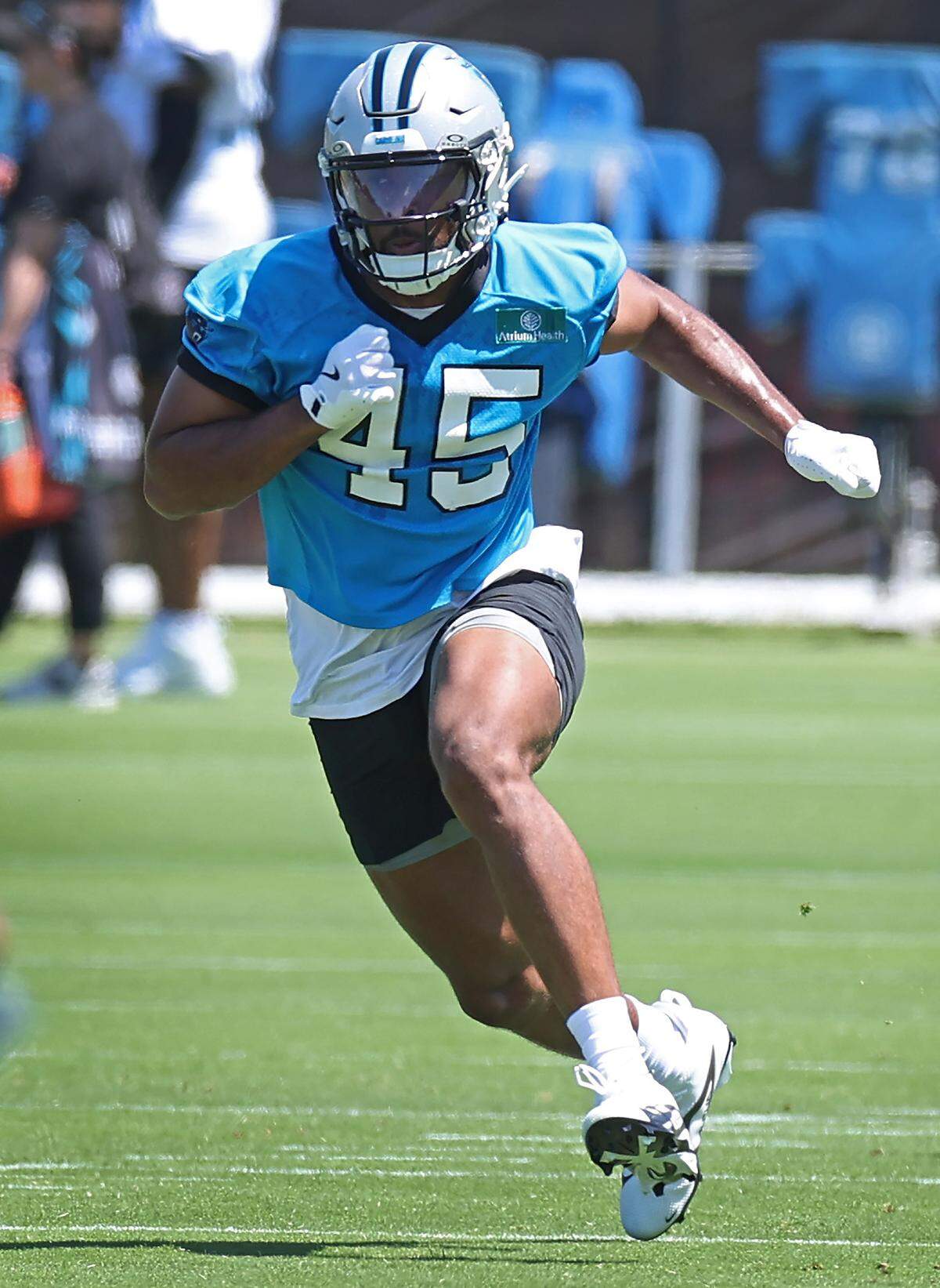 Carolina Panthers tight end Bryce Pierre breaks off the line during a drill during the team’s rookie minicamp practice on Friday, May 9, 2025.