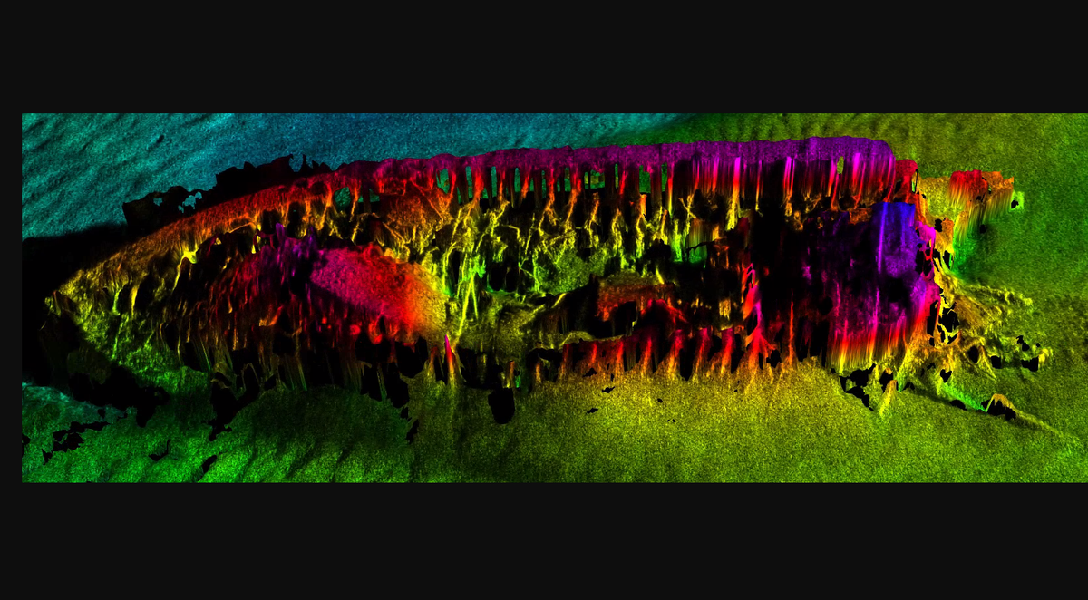 This is a bathymetric view of USS Monitor, showing the entire wreck site captured by Northrop Grumman using micro synthetic aperture sonar. The Monitor has been on the Atlantic seafloor more than 160 years.