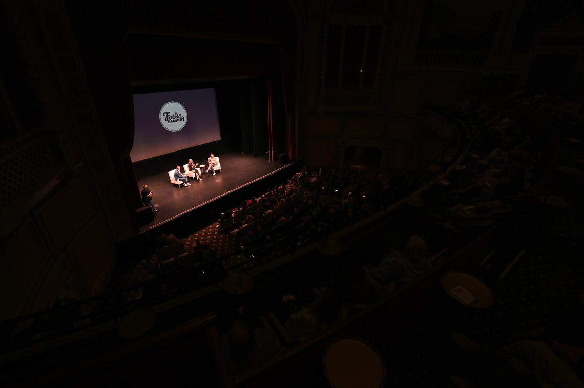 A bird’s-eye view of Tuesday night’s post-screening discussion at Carolina Theatre, which featured former tennis star Andy Roddick interviewing his friends Jeff Tonidandel and Jamie Brown.