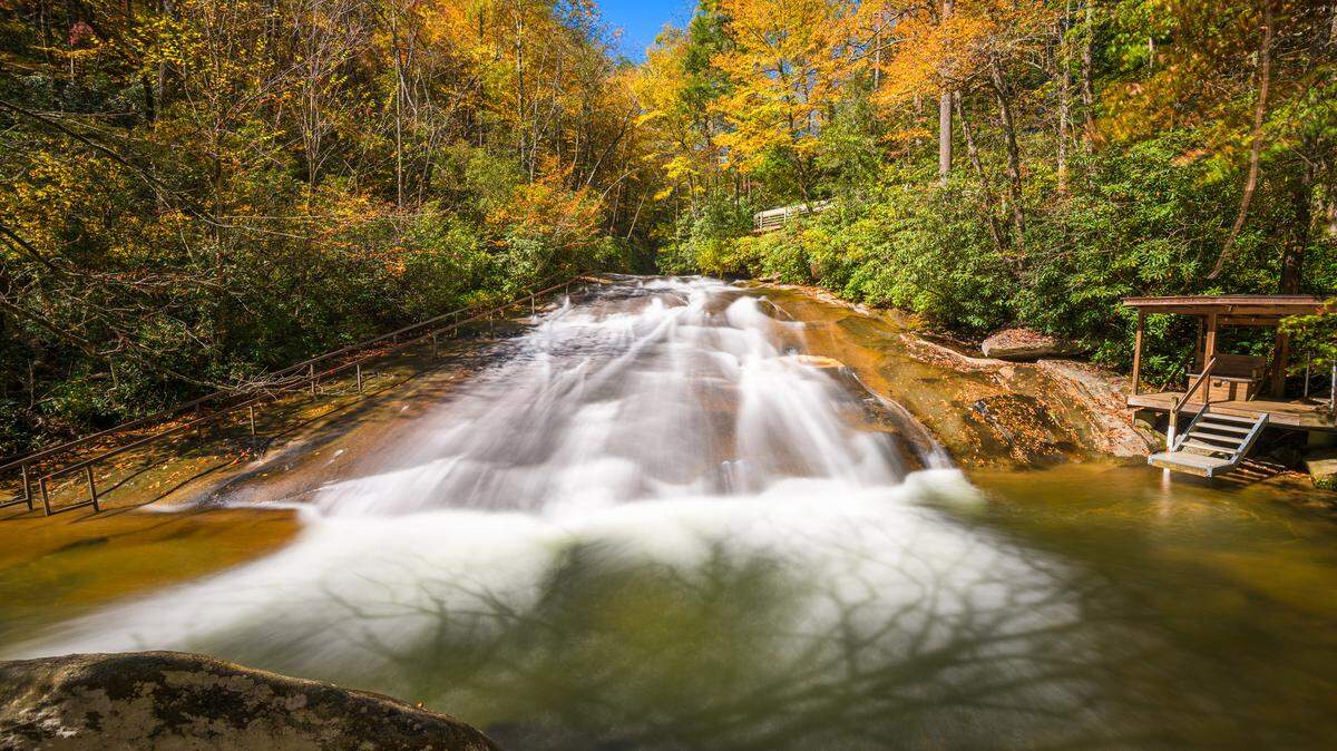 Sliding Rock Falls in Pisgah National Forest, NC is a natural water-slide.