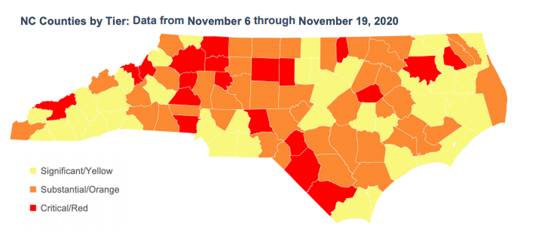 Mecklenburg County remains in the “yellow” zone for North Carolina’s new alert system, though nearby counties moved into the orange and red zones.