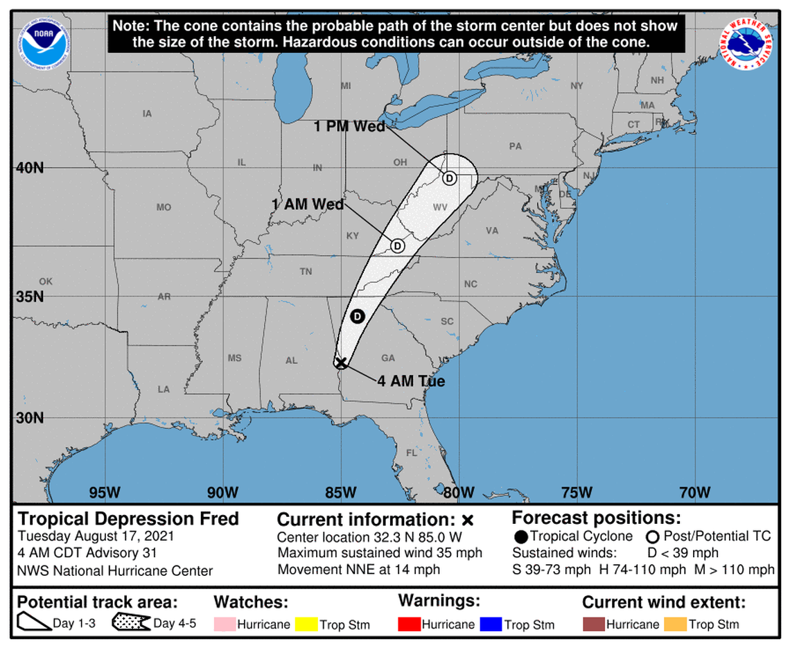 The remnants of Tropical Depression Fred could spawn tornadoes and flash flooding in the immediate Charlotte area on Tuesday, Aug. 17, 2021, National Weather Service meteorologists warned in an alert
