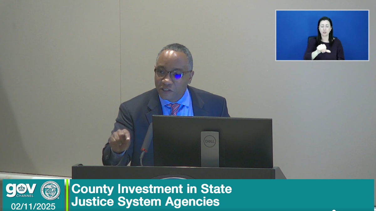 Mecklenburg District Attorney Spencer Merriweather speaks Feb. 11 about the county funding positions for his office and others in judicial system.