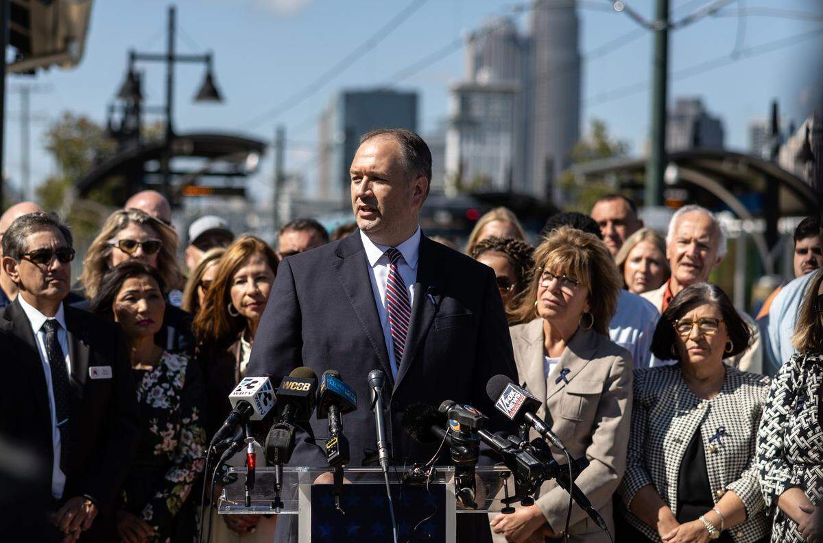 North Carolina Republican Party Chairman Jason Simmons speaks during a press conference at the Lynx Blue Line Parkwood Station in Charlotte, N.C., on Wednesday, September 10, 2025. Iryna Zarutska, who was fatally stabbed by Decarlos Brown Jr. on Charlotte's Lynx Blue Line train on August 22, 2025.