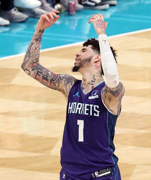 Charlotte Hornets guard LaMelo Ball reacts to a missed shot during action against the Boston Celtics at Spectrum Center in Charlotte, NC on Sunday, March 29, 2026. The Celtics defeated the Hornets 114-99.