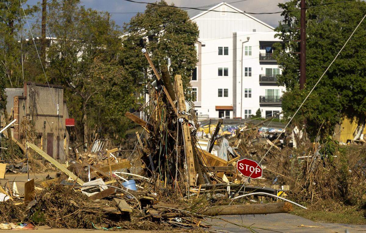 A scene from Biltmore Village in Asheville on Wednesday October 2, 2204. The area received extensive damage from flooding of the Swannanoa River after the remnants of Hurricane Helene caused torrential rainfall in western North Carolina.