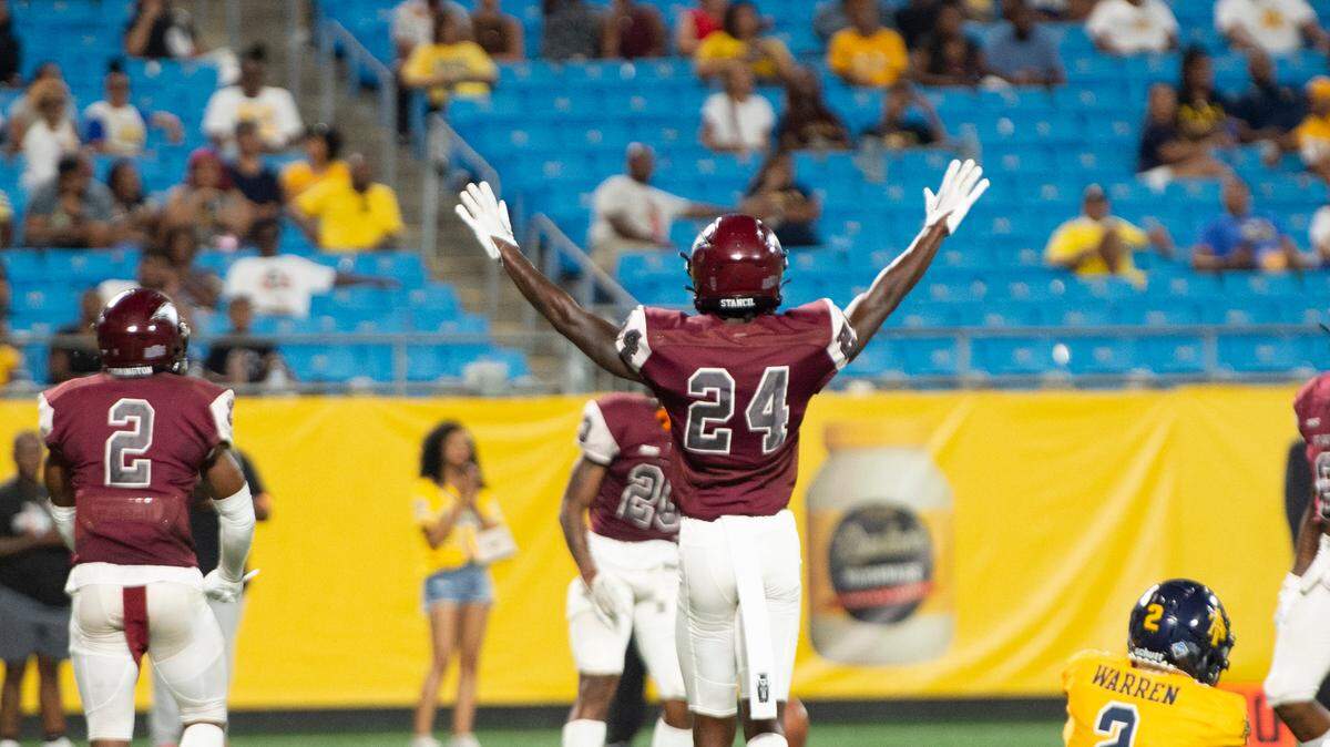 N.C. Central Eagles defensive back Romeo Stancil celebrates a successful play against N.C. A&T during the Duke’s Mayo Classic at Bank of America Stadium in Charlotte, NC, on Saturday, Sept. 3, 2022.