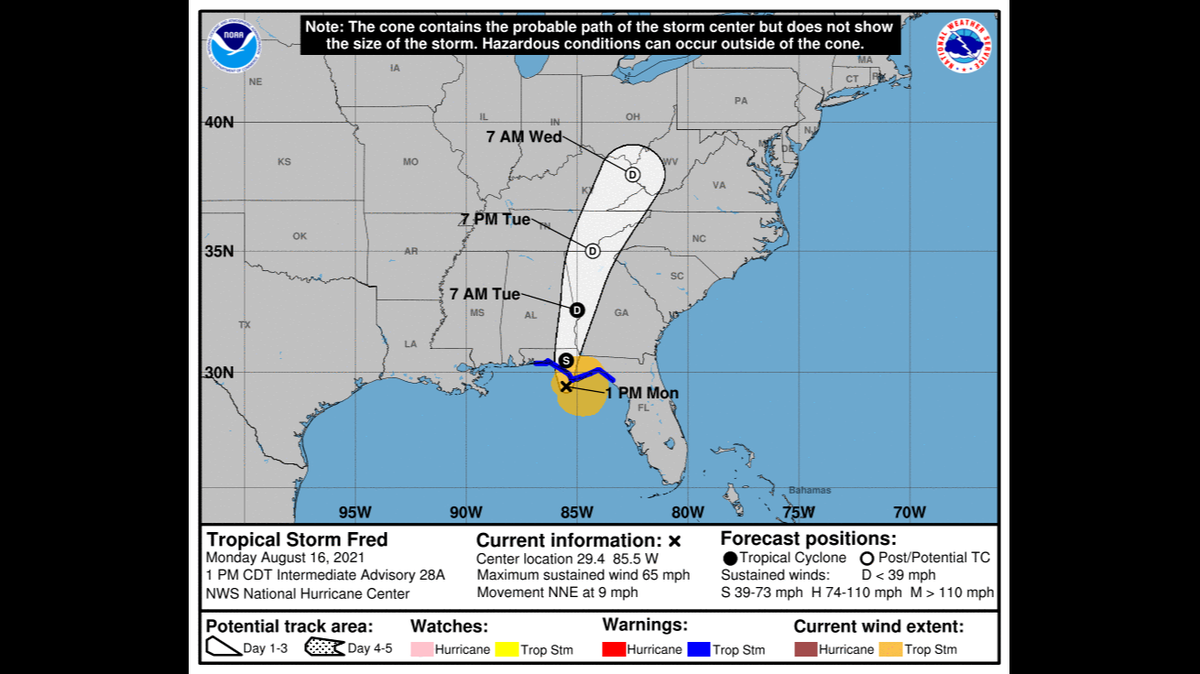 A graphic from the National Hurricane Center shows Tropical Storm Fred’s forecast cone as of 2 p.m. Monday