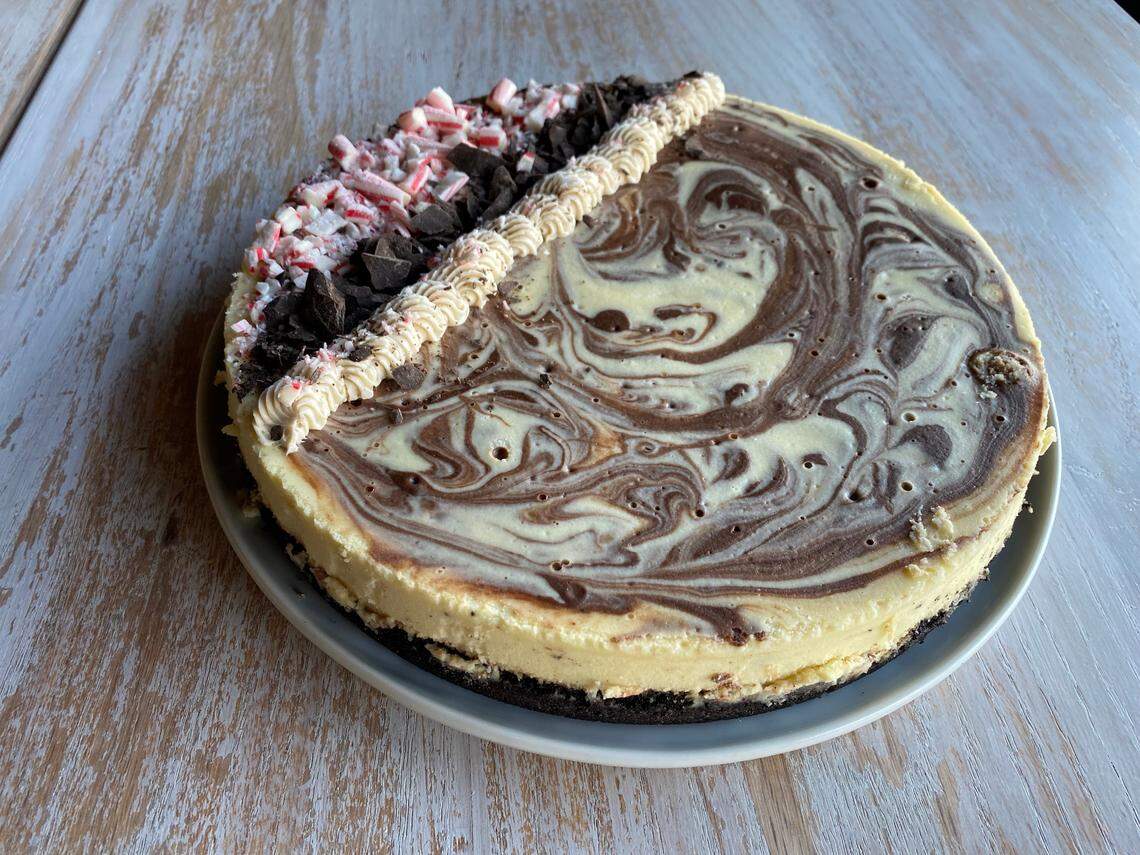 Leah & Louise’s Peppermint Swirl Cheesecake, created by pastry chef Gerald Hawkins Jr., feeds 12.