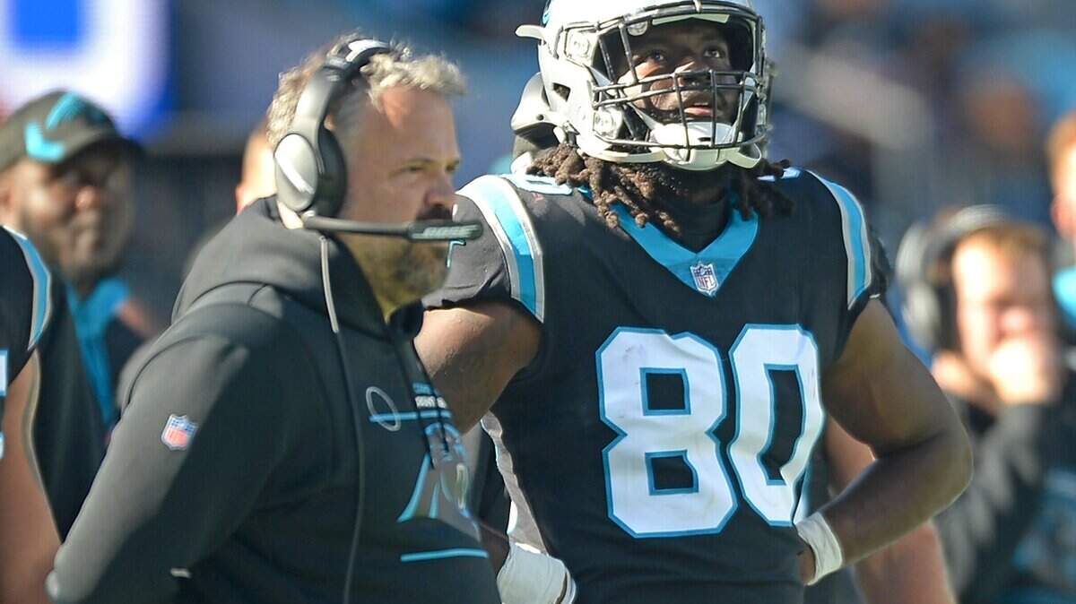 Carolina Panthers tight end Ian Thomas, right, stands on the sideline after being called for a penalty during second quarter action against the New England Patriots at Bank of America Stadium in Charlotte, NC on Sunday, November 7, 2021.