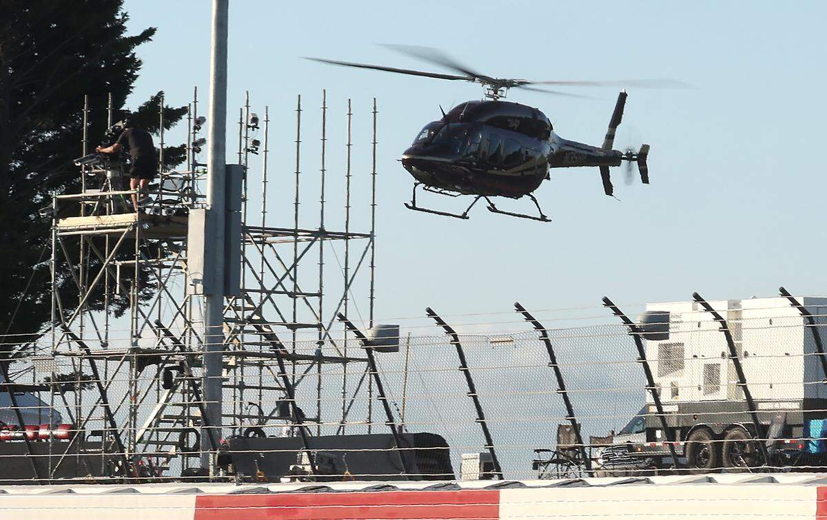 NASCAR Cup Series driver Kyle Larson arrives at North Wilkesboro Speedway in a helicopter prior to the running of the NASCAR All-Star Race. Larson had earlier qualified fifth for the Indianapolis 500 on Sunday, May 19, 2024.