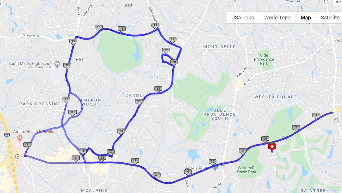 Sara Whitten planned a virtual marathon route in South Charlotte using Map My Run. She planned it to go past several stores and gas stations in case supplies or restroom breaks were needed. She practiced the route twice before race day.