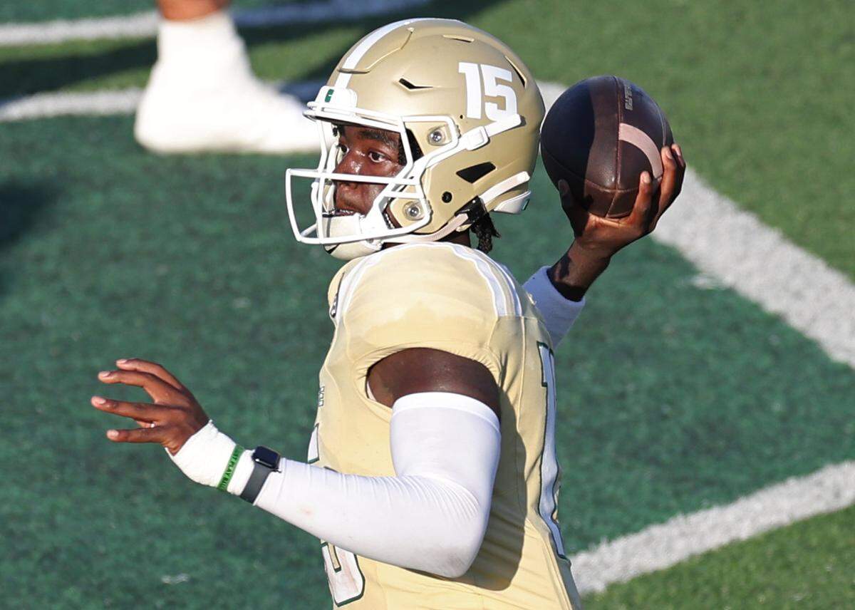 Charlotte 49er’s quarterback Deshawn Purdie passes to a receiver during action against the East Carolina Pirates on Saturday, October 5, 2024 at Jerry Richardson Stadium in Charlotte, NC. The 49ers defeated ECU 55-24.