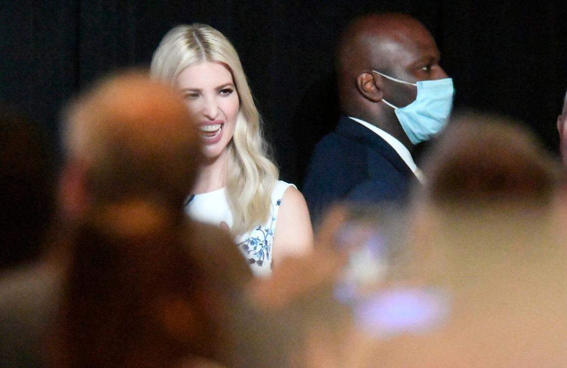 Ivanka Trump, Advisor and daughter of President Donald J. Trump, smiles at delegates as her father addresses Republican National Convention at the Charlotte Convention Center in Charlotte, N.C., Monday August, 24, 2020. The GOP convention was scaled back this year because of the coronavirus pandemic.