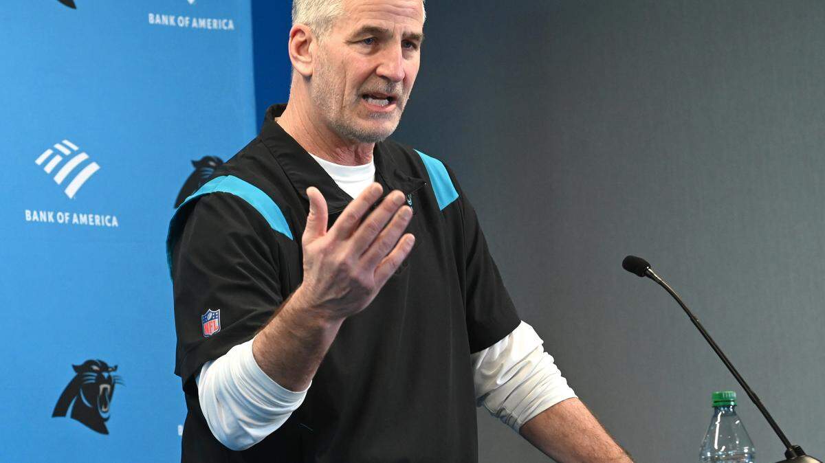 Carolina Panthers head coach Frank Reich responds to a question during a press conference at Bank of America Stadium in Charlotte, NC on Monday, March 20, 2023.