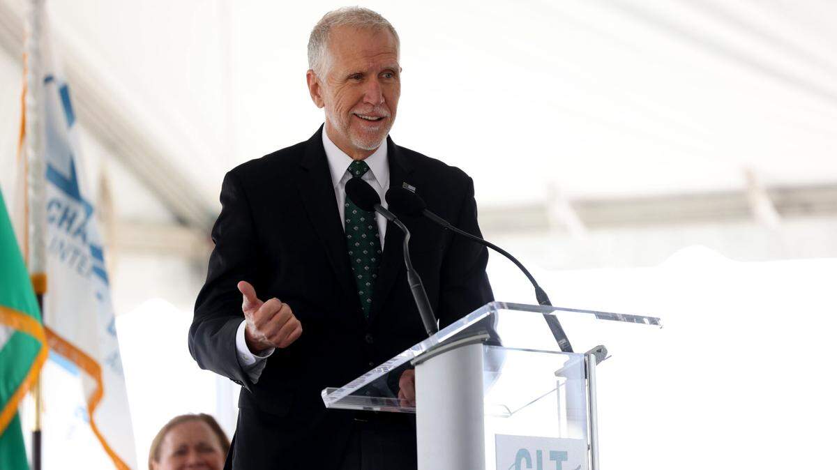 U.S. Senator Thom Tillis speaks during the Charlotte Douglas International Airport groundbreaking of Fourth Parallel Runway Friday morning June 9, 2023 in Charlotte.