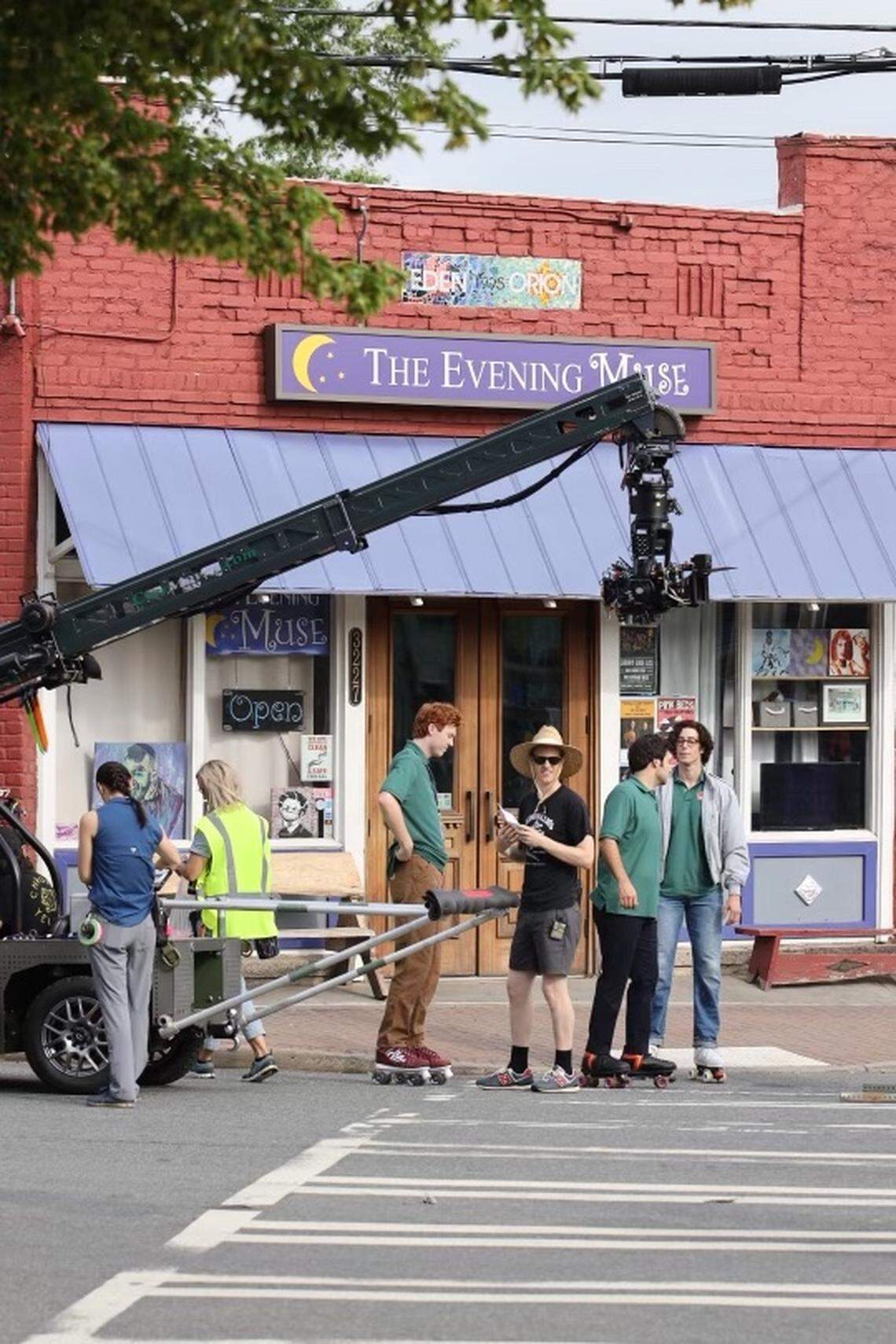 Please Don’t Destroy comedy troupe members Ben Marshall, John Higgins and a stunt double representing Martin Herlihy film in NoDa.
