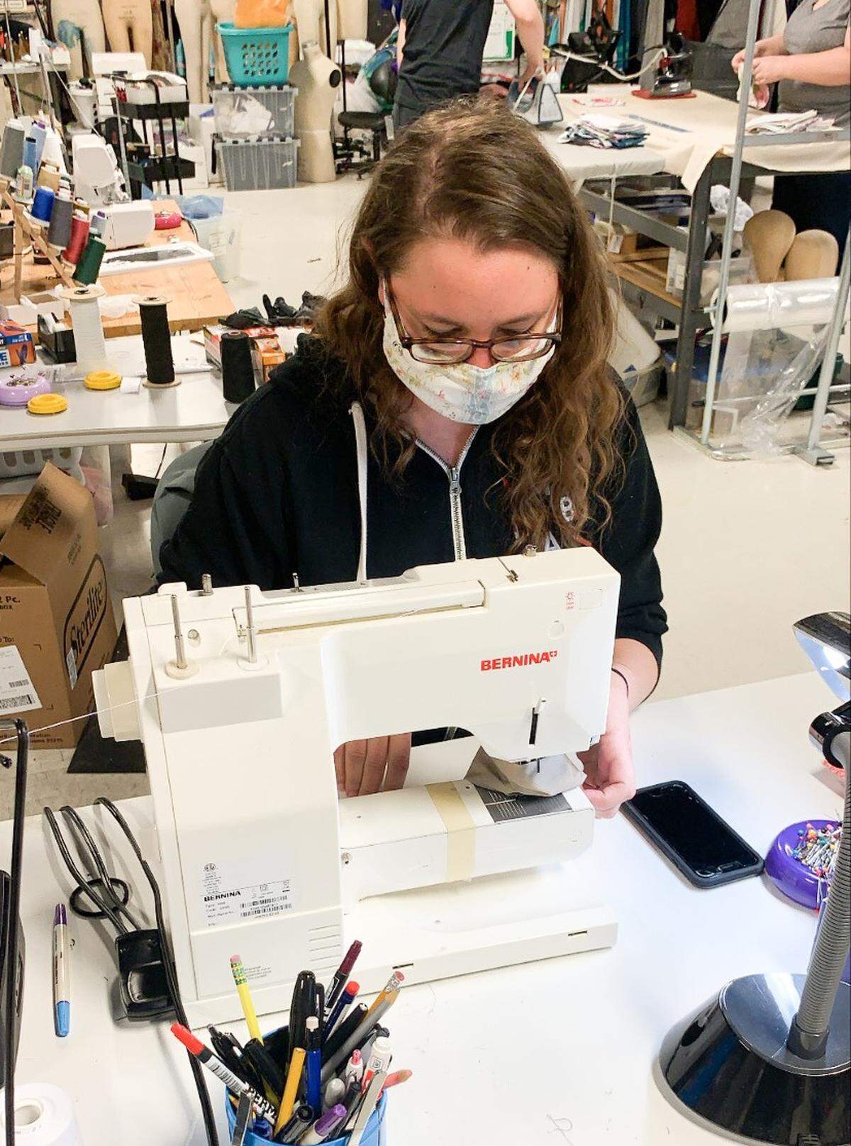 Charlotte Ballet Costume Shop Manager Katherine Zywczyk works on a mask. Charlotte Ballet has donated more than 700 masks to Atrium Health.
