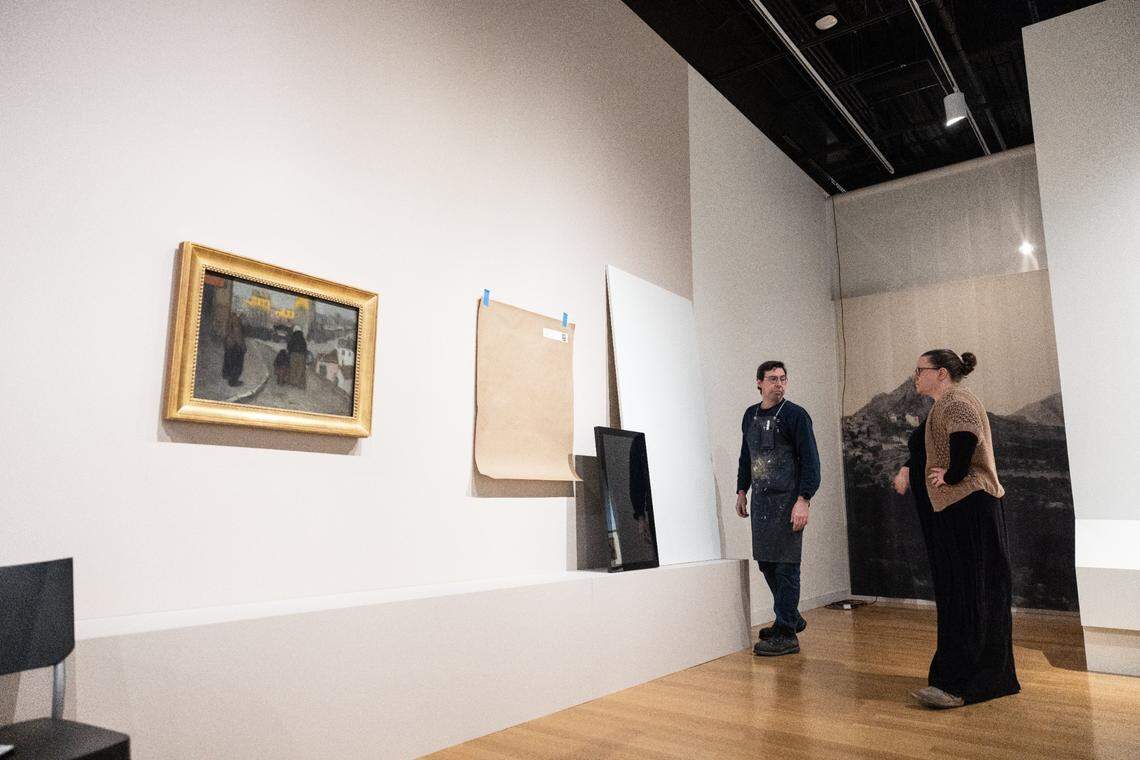 As The Mint Museum continues to work on setting up for the Picasso exhibition, brown craft paper with blue tape on the gallery walls marks the precise location where those paintings will go.