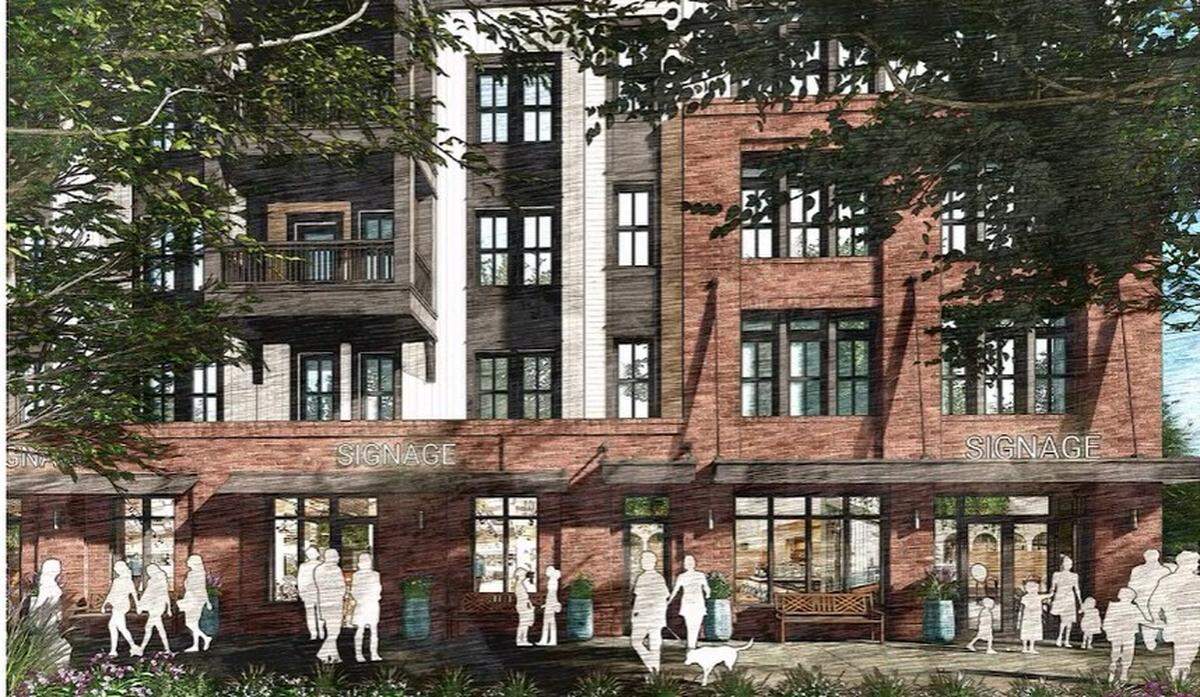 Shown is a concept rendering of a mixed-use building in the proposed Old Statesville Road Mixed-Use project in Huntersville.