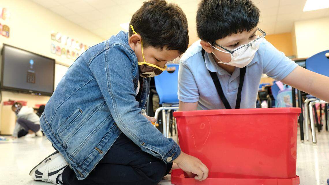 Two students in a classroom at Briarwood Academy in Charlotte.