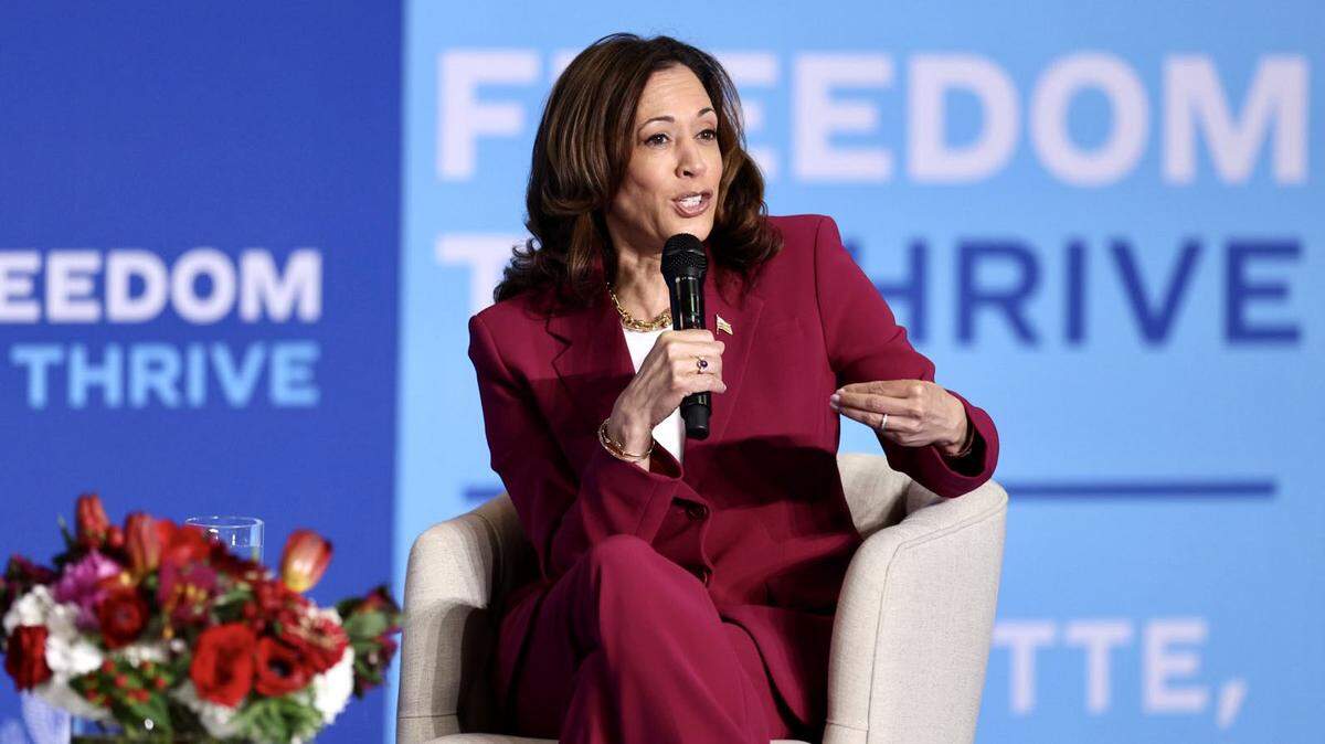 Vice President Kamala Harris speaks during her Economic Opportunity Tour at JCS University in Charlotte on Tuesday, June 12, 2024. This will be her fifth visit to the state this year and her 13th since being sworn in.
