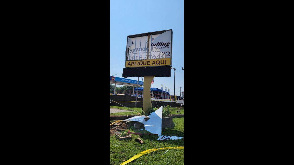 A police chase of a suspect vehicle ended with damage to the sign at Latin Labor Staffing along South Boulevard in Charlotte, NC on Monday, August 23, 2021.