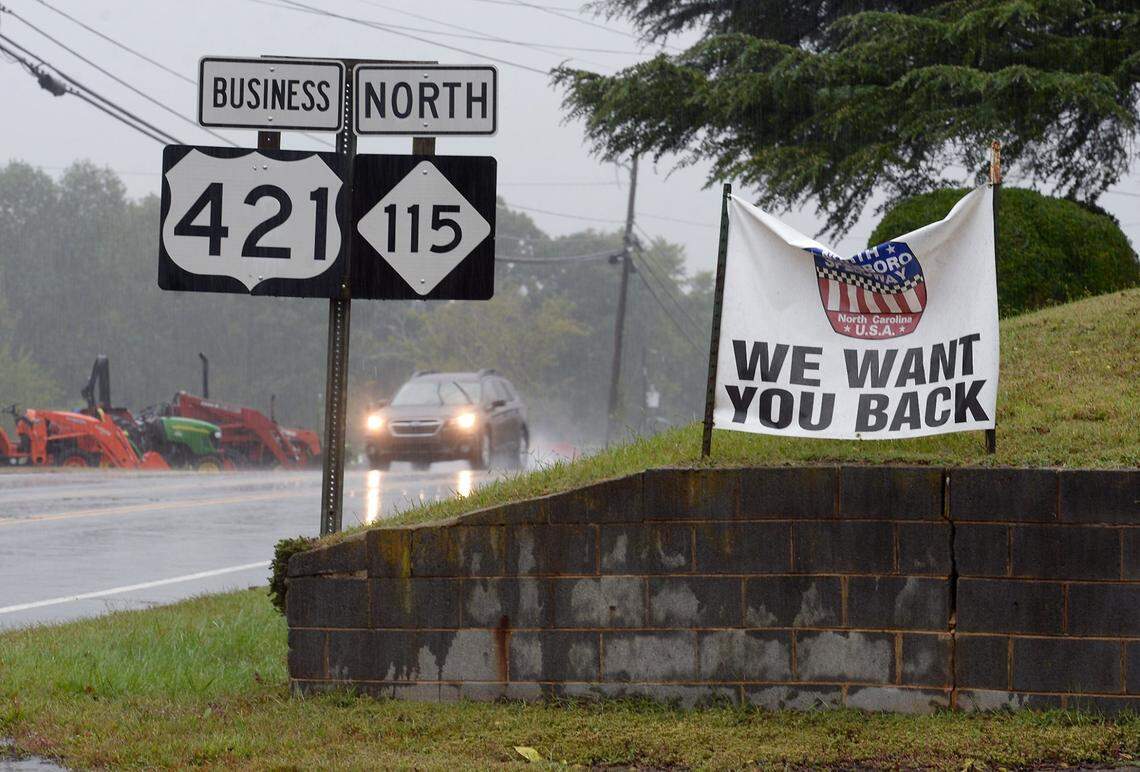 A sign ÒWe Want You BackÓ is one of many displayed throughout the North Wilkesboro area showing support for the revitalization of North Wilkesboro Speedway in North Wilkesboro, NC on Thursday, October 7, 2021. North Wilkesboro Speedway was a NASCAR short track. The track operated from 1949 until 1996.