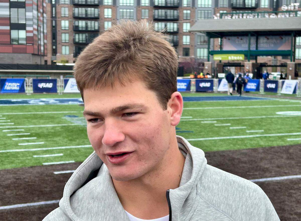 Drake Maye speaks to reporters in Detroit on Wednesday, April 24, 2024, the day before the NFL Draft begins. Detroit is the site of the 2024 NFL Draft, and Maye is the former UNC star quarterback who is projected to be a high first-round pick.