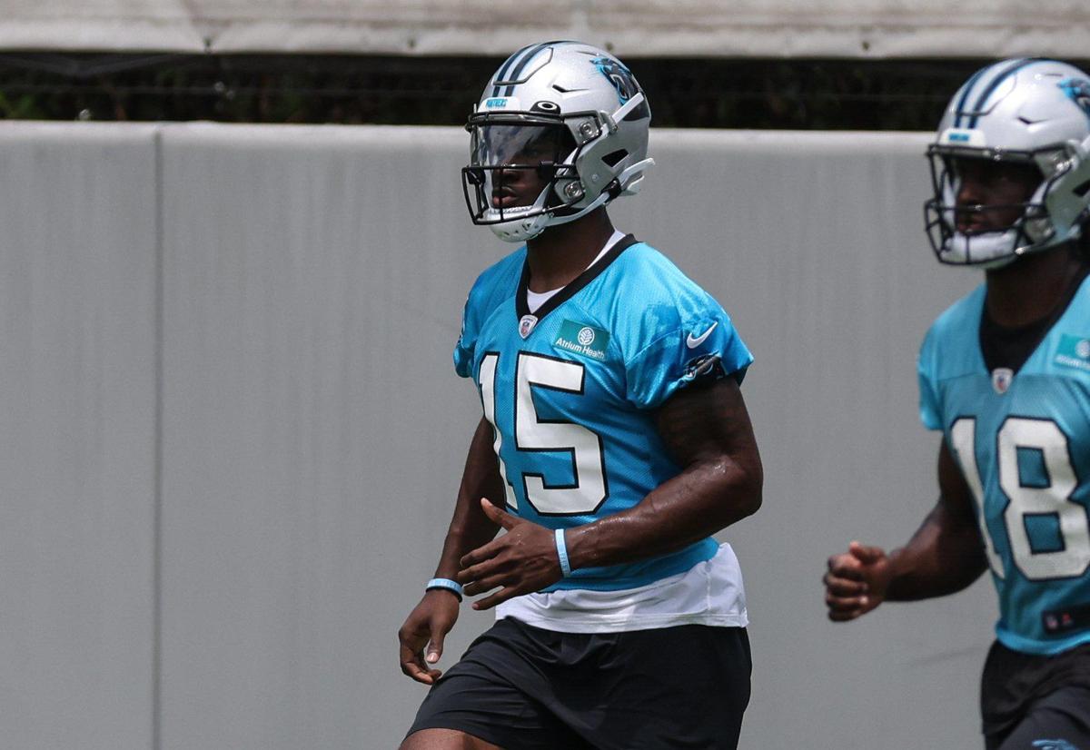 Carolina Panthers Jonathan Mingo practices at the Carolina Panthers rookie minicamp in Charlotte on Saturday.