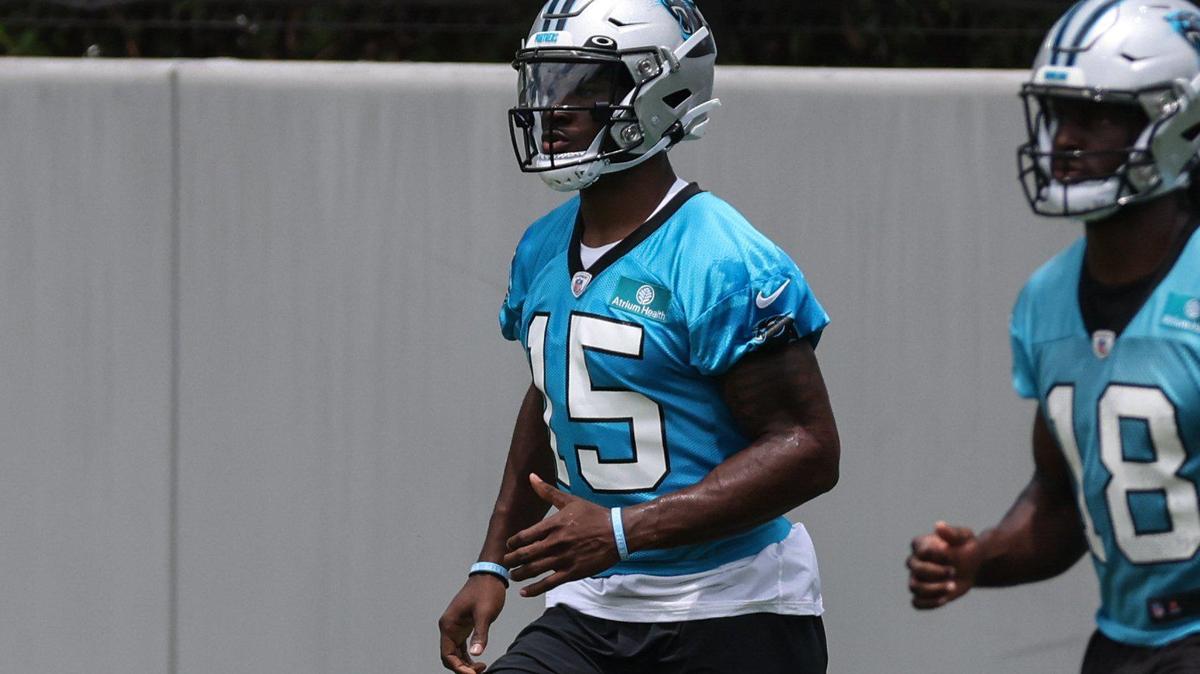 Carolina Panthers Jonathan Mingo practices at the Carolina Panthers rookie minicamp in Charlotte on Saturday.